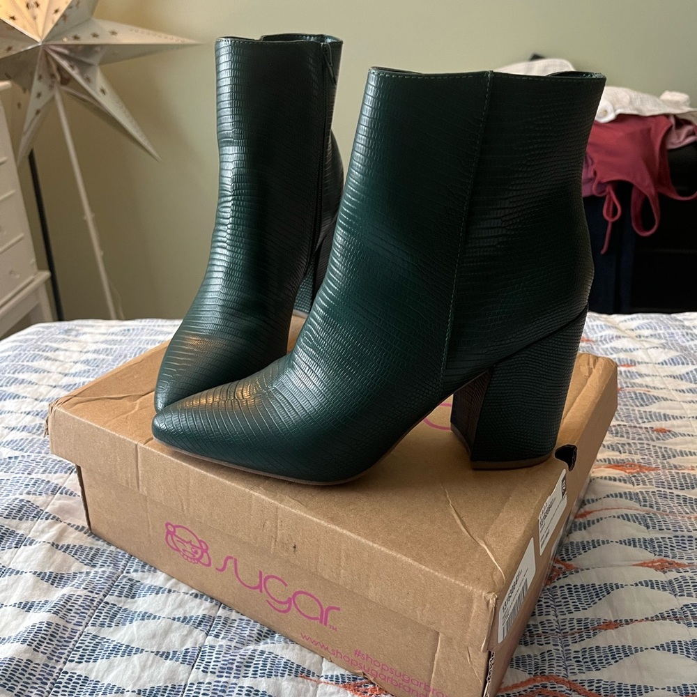 Sugar Green Heeled Boots with Chunky Block Heel